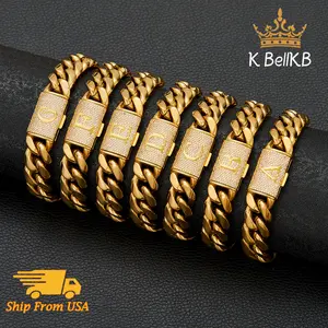 Initial Letter Name Miami Cuban Bracelet for Men Women, 18 Golden Capital Monogram 14MM Bracelet Alphabets from A-Z Chain Jewelry