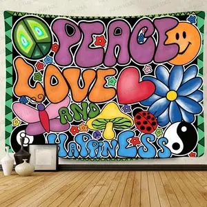 Peace Love and Happiness Tapestry, 70s theme party tapestry hippie aesthetic tapestry bedroom living room decoration wall hanging