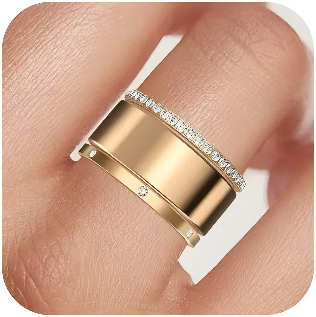 Minimalist Gold Tone Stainless Steel Spinner Ring, Cubic Zirconia Eternity Rotating Fidget Anxiety Band, Polished Comfort Fit Stress Relief Meditation Stackable Statement Ring For Women Gift