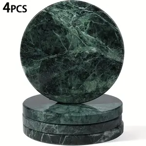 4Pcs Natural Marble Coasters with Holder, Heat Resistant Round Stone Table Protectors, Elegant Marble Pattern Drink Coasters for Coffee Table & Bar, Housewarming Gift.
