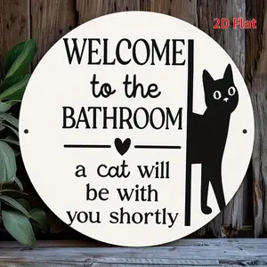Cute Cat Sitting on Toilet Bowl with Toilet Paper Roll Metal Sign Funny Bathroom Wall Decor for Home Office Cafe Bedroom Unique Housewarming Gift 20x20cm 2D Flat Art