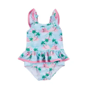 Island Palm One Piece Swimsuit - Light Blue Girls Swimwear
