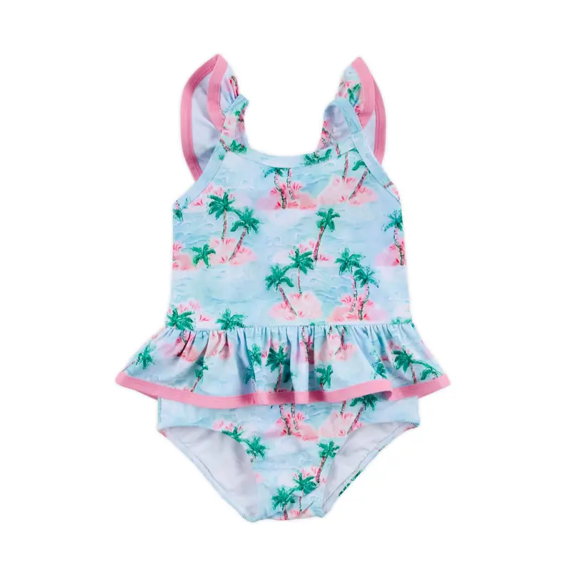 Island Palm One Piece Swimsuit - Classic Whimsy Girls' Blue & Pink Palm Print Bathing Suit with Bow