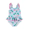 Island Palm One Piece Swimsuit - Classic Whimsy Girls' Blue & Pink Palm Print Bathing Suit with Bow
