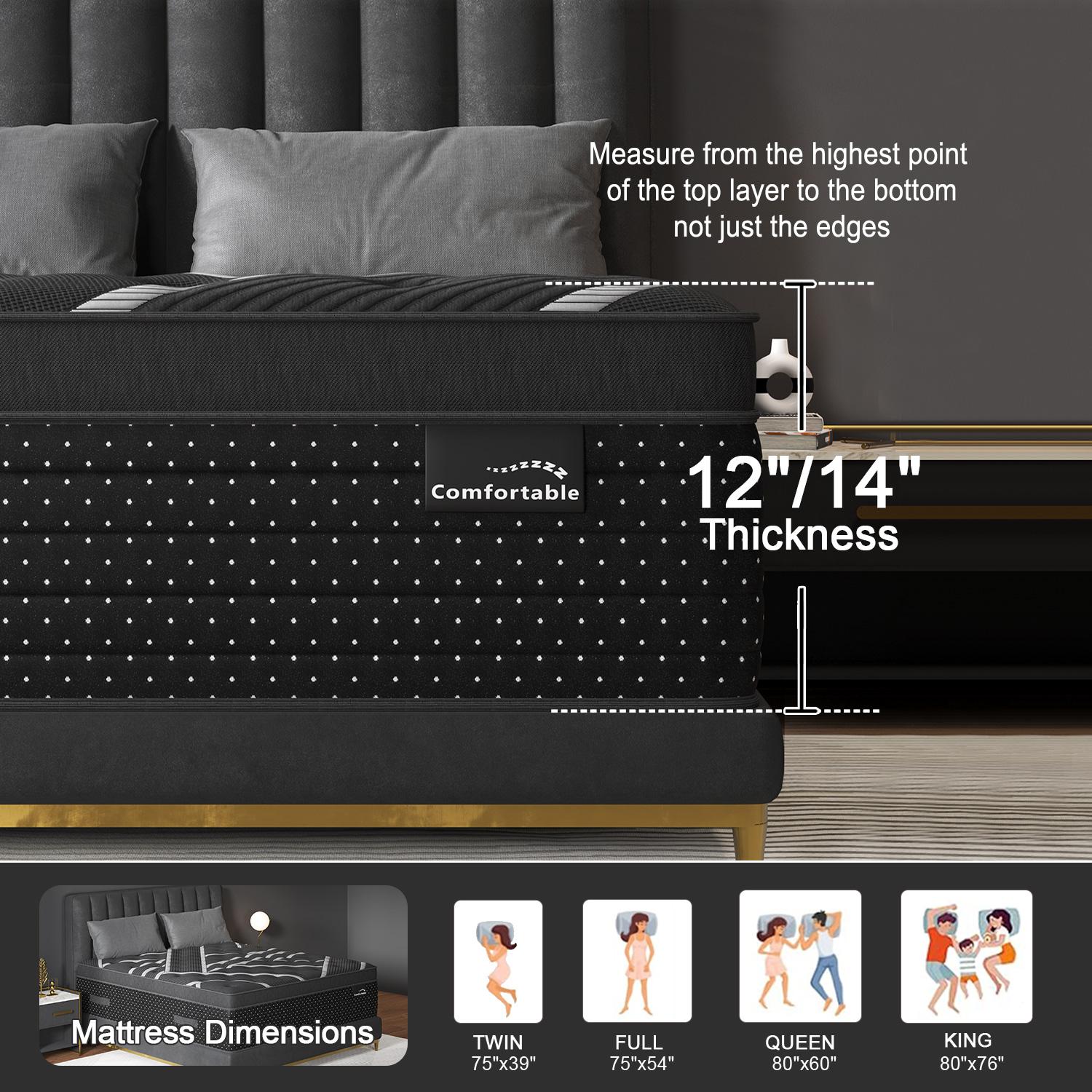 12/14 Inch Memory Foam Mattress Hybrid Pocket Spring Twin Full Queen King Mattress In A Box -Euro Top Mattresses Medium Firm For Motion Isolation, Edge Support, 100 Night Trial