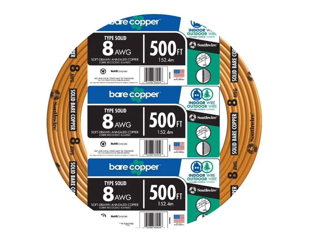Service Wire 10632802 8-Gauge Solid Copper Wire Cable - 500 ft, 600-Volt, Outdoor Transmission & Distribution, Overhead Use, Home Improvement Electrical Supplies