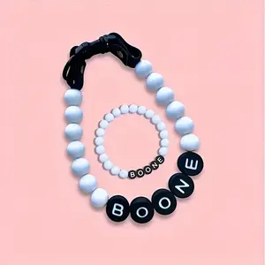 ized Dog Necklace - Pet Name Collar with Beads & Bone Pendant, PU /Plastic Adjustable Puppy ID Tag, White Bead & Black Letter Charm for Puppies & Dogs (No -Free Nameplate)