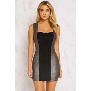 Glam Illusion Mini Dress -Black Center Panel and Bronze Glitter Sides