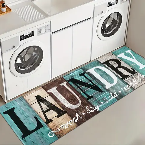 1Pc Turquoise Wood Grain Laundry Room Rug, Soft Comfortable Non-Slip Long Floor Mat, Suitable for Kitchen, Living Room, Bedroom & Sink Areas, House Decor Rug