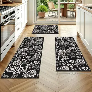 Boho Kitchen Rugs Sets of 3-Non Slip Stain Resistant Kitchen Mats for Floor, Paisley Floral Runner Carpet for Hallways Entryway Laundry Washable (Black & White 20"x32"+20"x48"+20"x59")