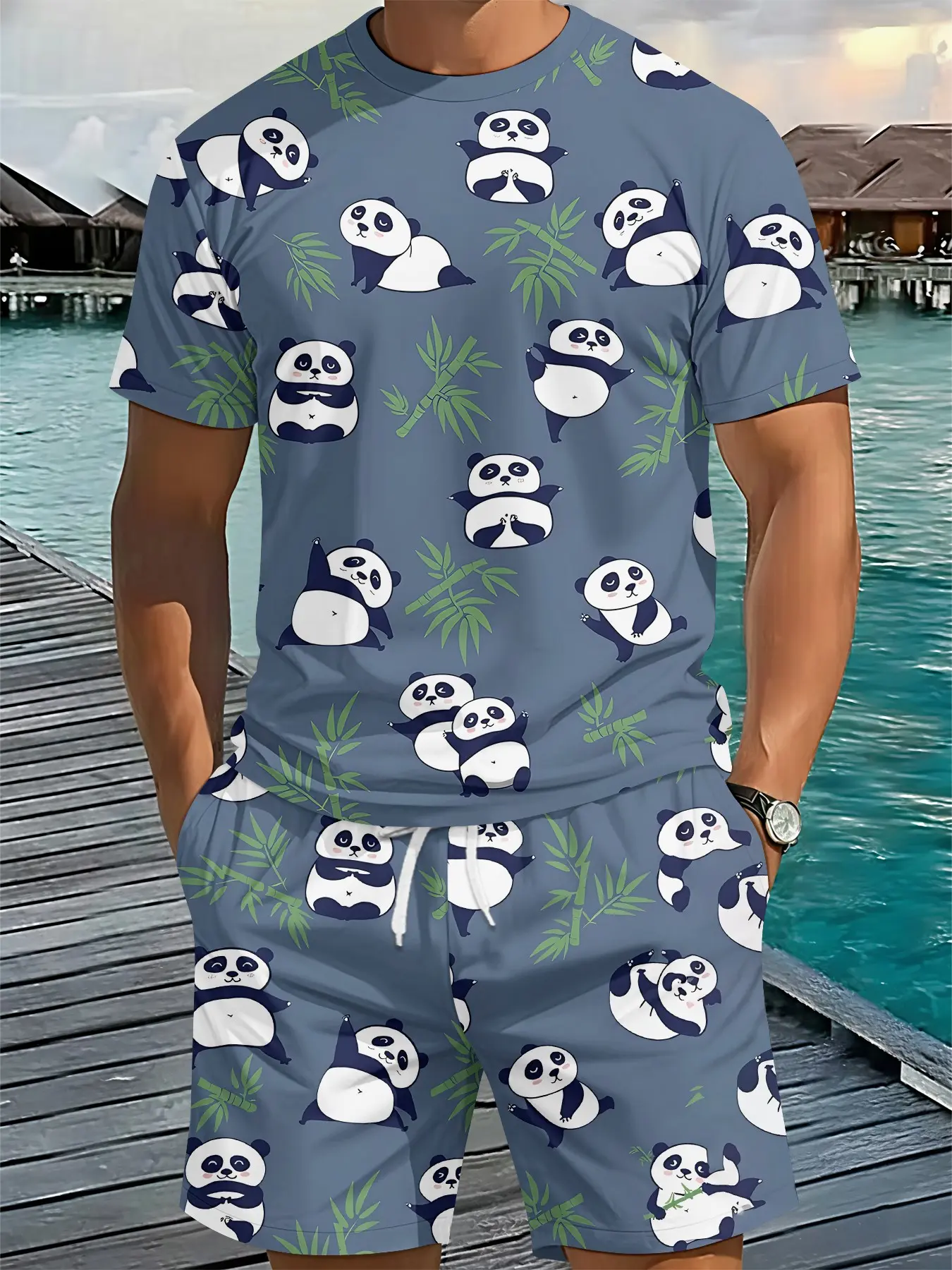 Men's 3D Digital Print 2-Piece Set, Blue Tone Panda Bamboo Forest Outfit, Trendy Retro Casual Two-Piece Suit, Vacation-Style Fashion Wear, Breathable Sports Casual Style, Perfect Festival Gift for Men