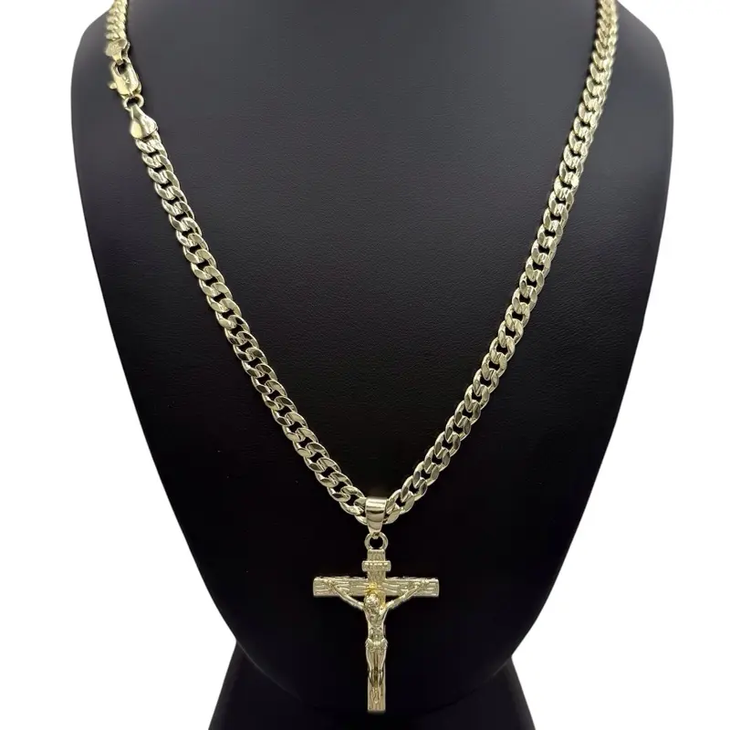#312 14K Laminated High Quality Jesus Christ Cross Pendant 1.5Inch long with Cuban chain Size 22Inch, 24Inch and 5mm wide
