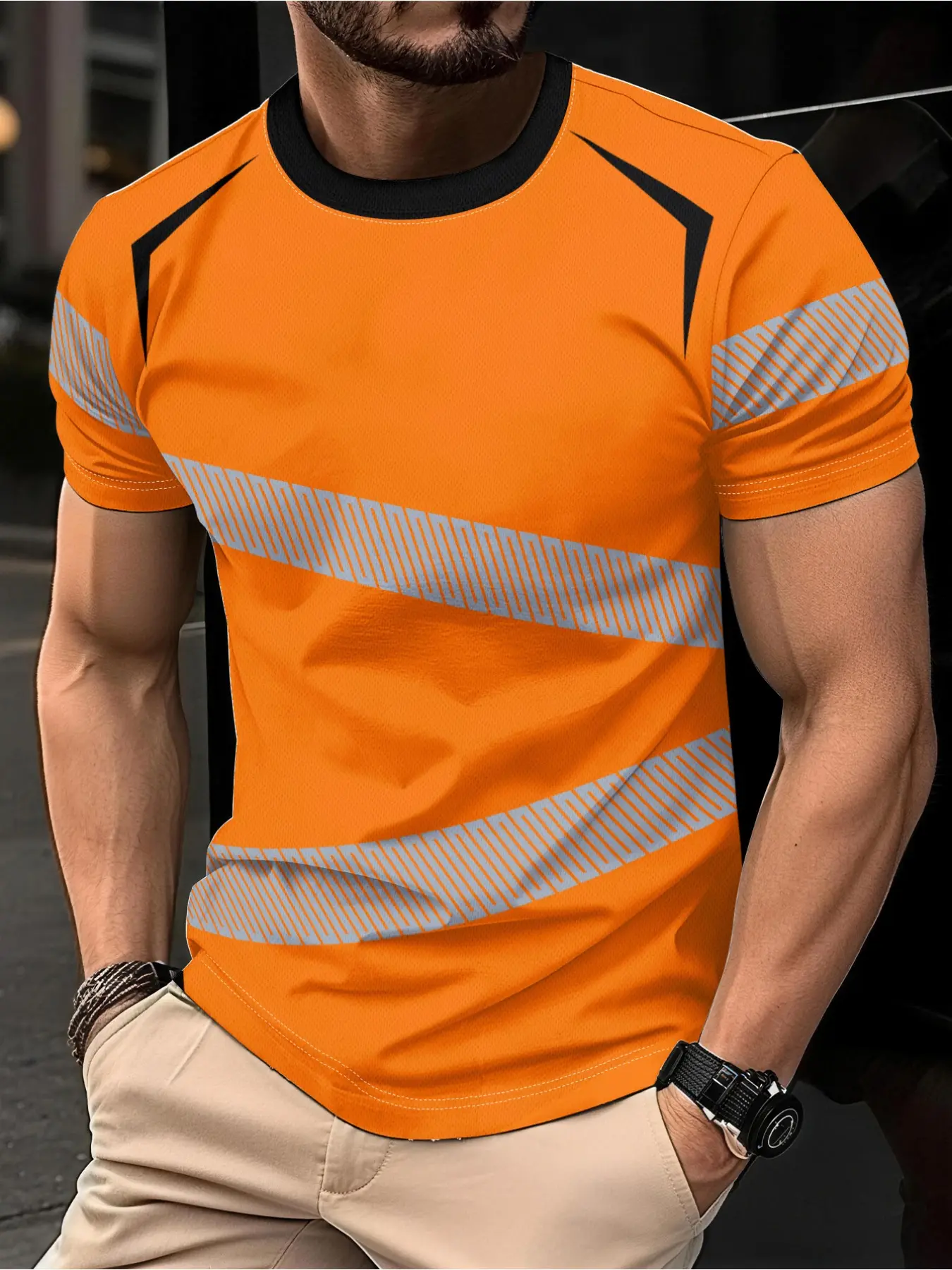 Men's casual sports horizontal stripe printed crew neck short-sleeved T-shirt, Lightweight sports tees, available in neon green, suitable for daily casual wear