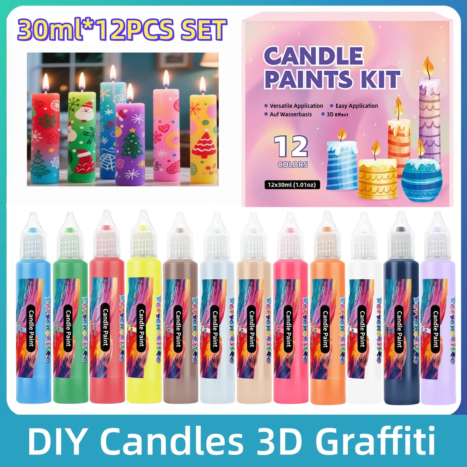 30ml * 12PCS Candle Pen DIY Crafts Set, used for 3D rendering of candles, candle painting pen set, candle decoration, creating your own colored candles, Christmas, Valentine's Day, Candle Making Kit, Candle Making Supplies