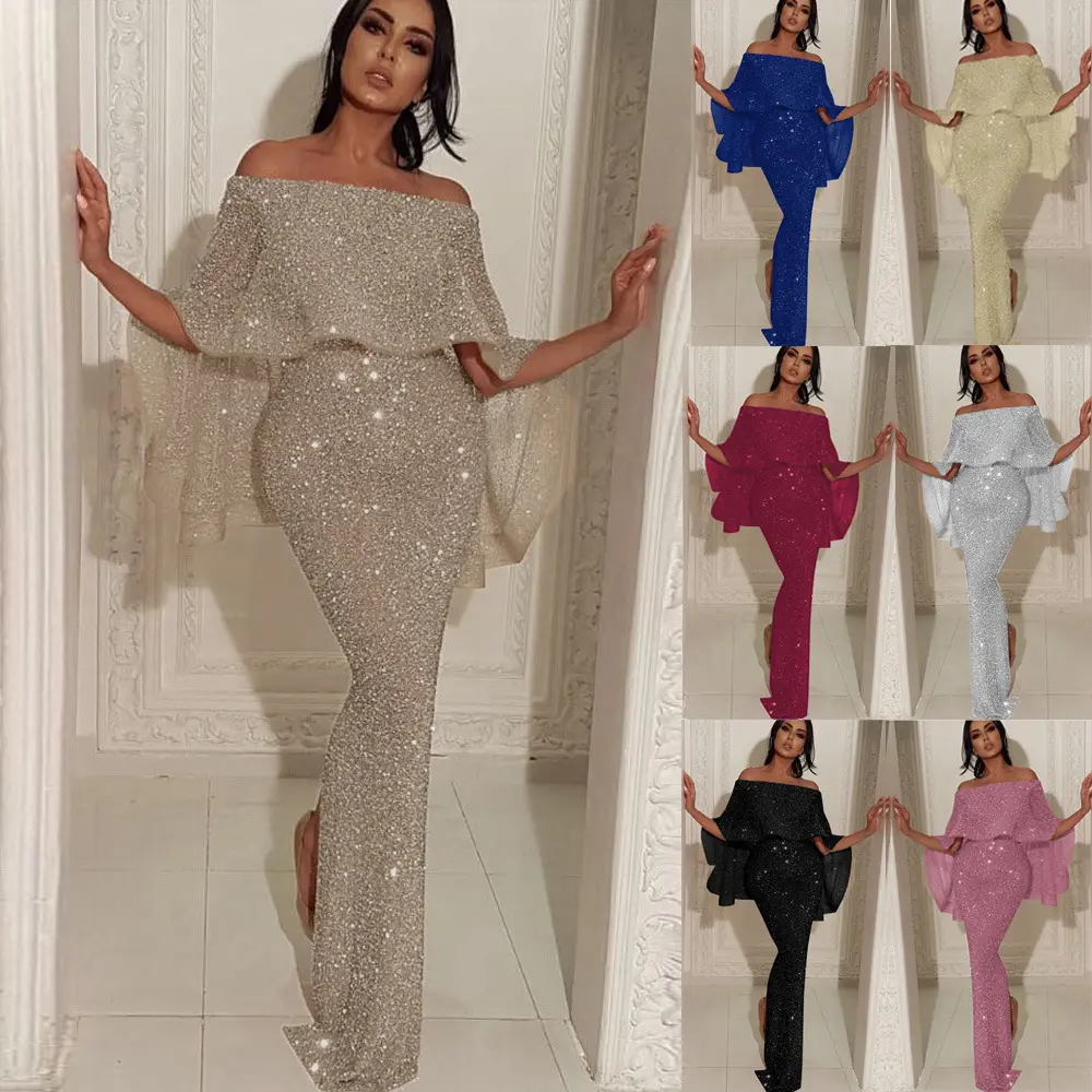 Women's Sleeveless Off-Shoulder Tube-Back Large Ruffle Sparkly Close-Fit Embellished Tea-Length Split Bodycon Formal Dress - Chic, Elegant Styles for Prom, Evening Party, Chic Evening Dresses, Formal Dresses
