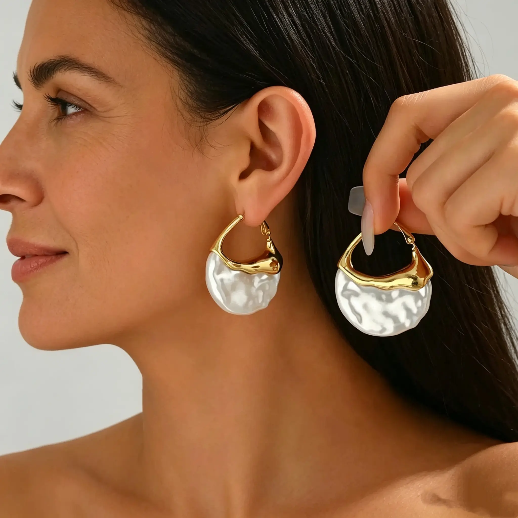 Hooped Shape Pearl Earrings in Stainless Steel, Minimalist Baroque Irregular Jewelry for Women, Versatile Daily Wear Accessory, Copper