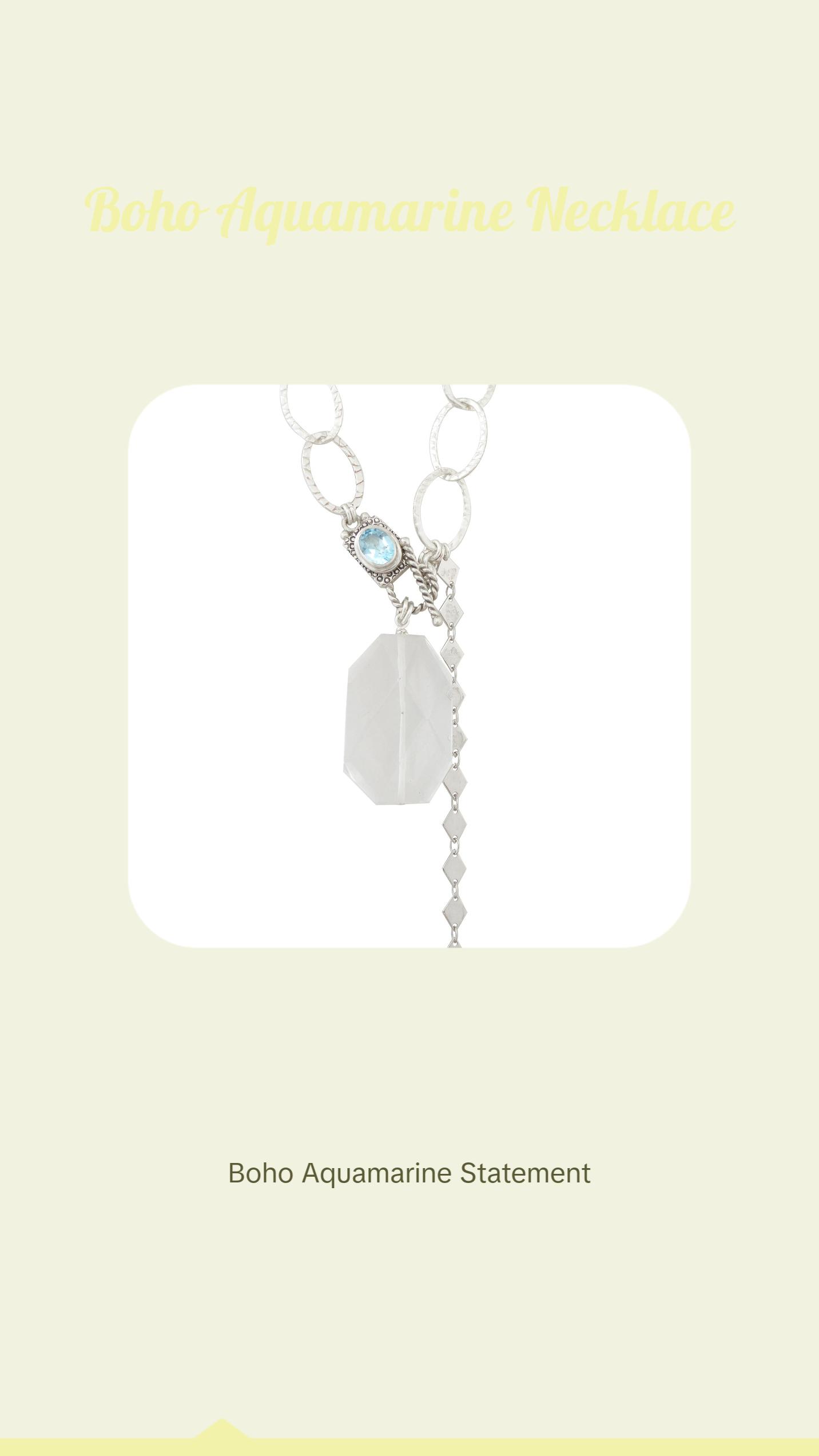 Sterling silver chain, faceted light blue aquamarine stone toggle clasp, quartz stone long boho bohemian statement necklace