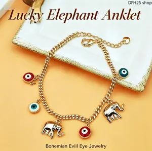 Gold Plated Evil Eye Elephant Charm Bracelet, Adjustable Cuban Chain Wrist Jewelry, Trendy Dainty Protection Accessory for Women