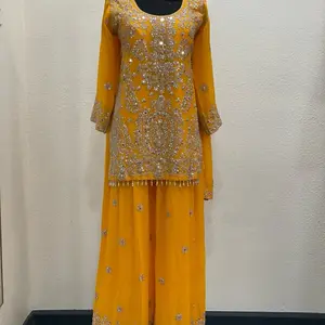 Chinon Silk Sharara Suit free size for 38 to 44 Three Piece Set with Short Kurti for Women Heavy Silver Embroidery & Mirror Work Perfect for Festive & Wedding Occasions