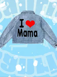 Mother's Day Special Girls' Denim Jacket, Sweet Simple Design, 'i Love Mom' Text & Heart Pattern, Comfortable Fabric, Ages 8 and Under, Jean Jacket