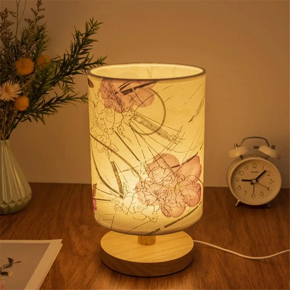USB Flower Design Table Lamp with Wooden Base, LED Cloth Cover Bedside Lamp, Eye Protection Night Light For Home Decor