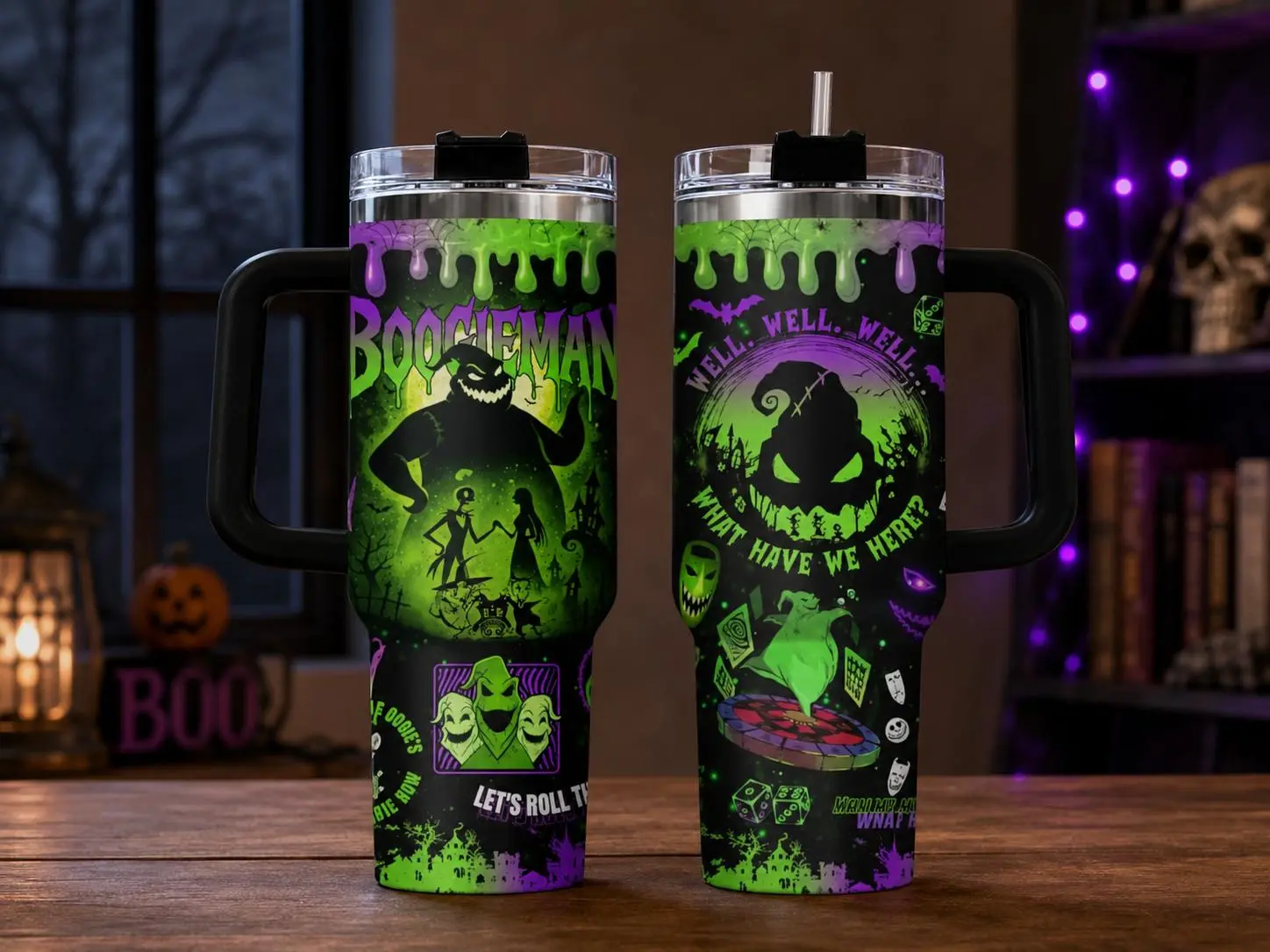 Halloween Tumbler Stainless Steel  40oz with Handle Spooky Green Horror Cup with Lid and Straw Haunted-Themed Skinny Cup Creepy Gift for Halloween Fans