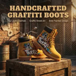 Graffiti Style: Intangible Cultural Heritage Embossed Craft, Motorcycle Boots with Thick Cowhide Soles. Western, cowboy, street style. Hiking/Mountaineering Unisex Model，bikerboots Walking Shoes biker