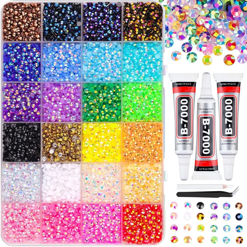 1 Box of 24 Colors Laser 3mm Flat Back Resin Jelly Rhinestones Bedazzling Kit, Includes 3*10ml B-7000 Glue, Tweezers, Drill Pen, Perfect for Nail Art Decoration, Diy Nails, Phone Case, Jewelry DIY