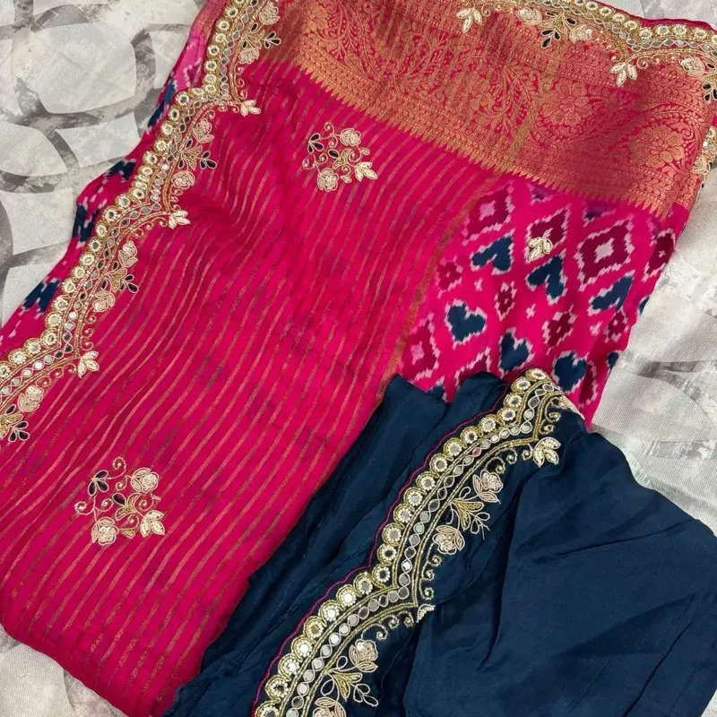 Party Saree - Pink and Blue Embroidered Saree with Gold Border and Pearl Accents for Festive Wear