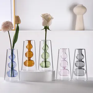 Transparent glass double colored glass vase creative hydroponics living room home decoration ornaments Decorative Flower Vase
