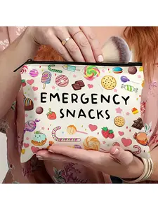 Emergency Snacks Travel Pouch - Lightweight Foldable Cosmetic Bag with Secure Zipper Closure, Durable Polyester Candy-Themed Design for Gym, Vacation & Outdoor Essentials (Fun & Playful Style), Gym Accessories, Fun Accessories, Compact Storage, Zippered