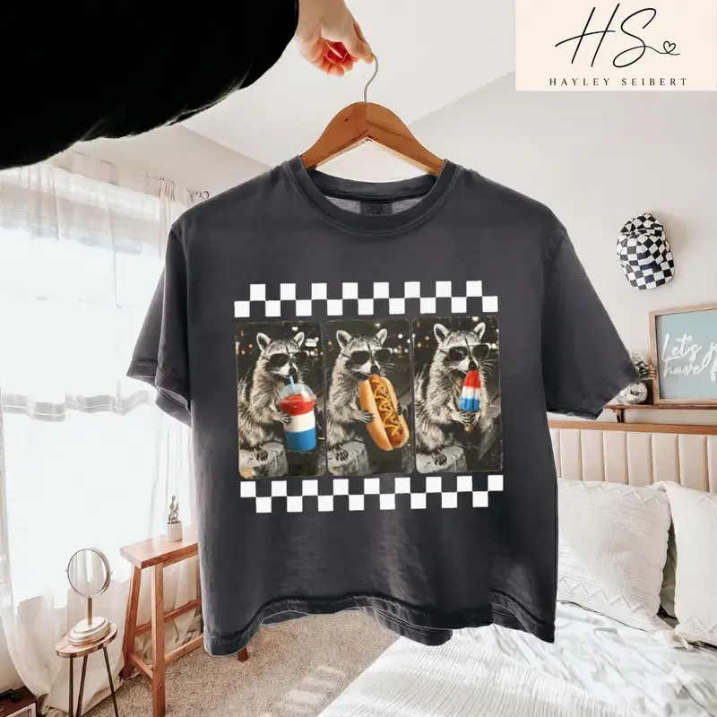 Checkered Raccoon Trio America 250 Crop Boxy Tee, Independence Day Comfort Colors Boxy Shirt, 4th of July Mama Shirt, Spring Summer Trendy Mom Shirt, New Mom Gift