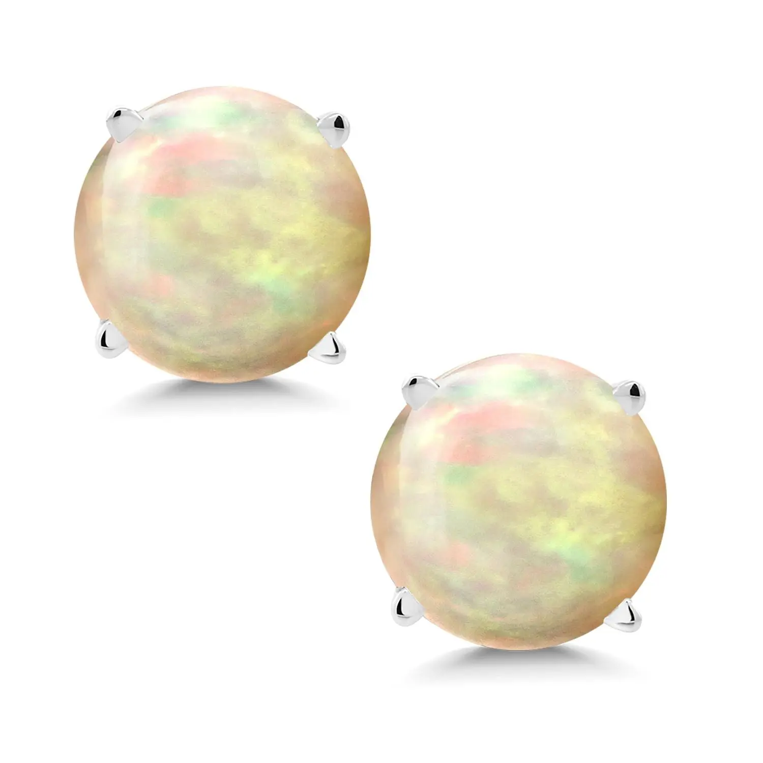 14K White Gold White Ethiopian Opal Stud Earrings For Women Men (1.12 Cttw, Round Cabochon 6MM)