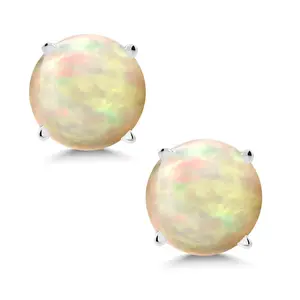 14K White Gold White Ethiopian Opal Stud Earrings For Women Men (1.12 Cttw, Round Cabochon 6MM)