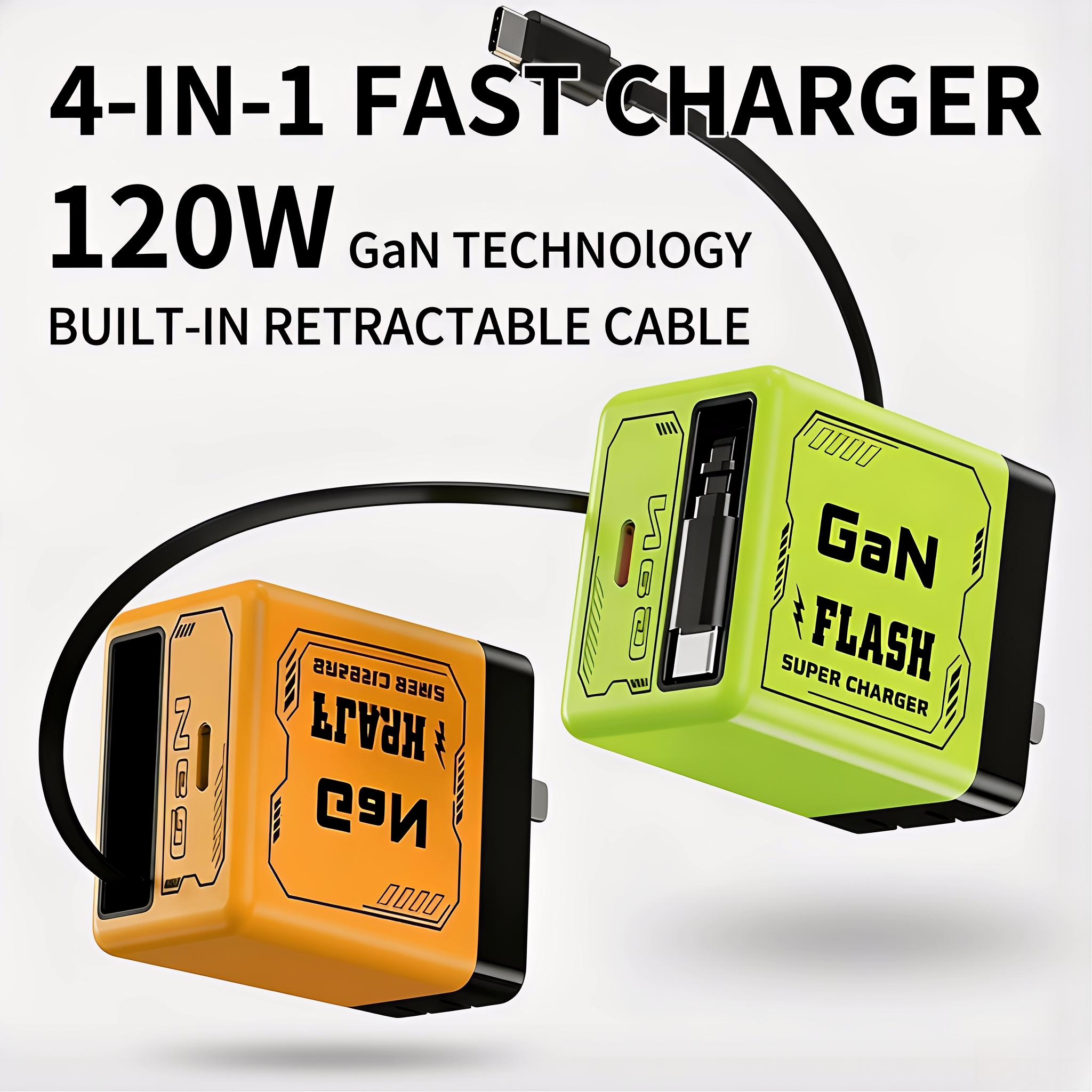 GaN 120W fast charger, USB C charger with retractable cable, travel charger for mobile phones and tablets