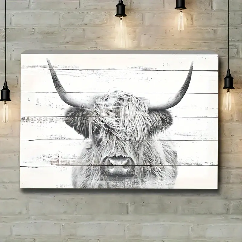 Rustic Wooden Framed Highland Cattle Canvas Painting - Wall Art with Wood Panel Form  Door Decor Poster Ornaments Decoration Artistic Photo Room Print Design