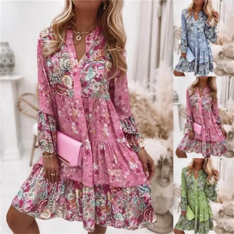 Women's Boho Floral Print V-Neck 3/4 Bishop Sleeve Babydoll Dress - Comfortable Lightweight Breathable Fabric, Elastic Cuffs, Loose Fit, Eye-Catching Design, Casual Wear for Beach & Cocktail Party Dancewear, Beachwear Sundress