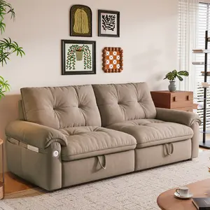 Queen Size 3-in-1 Convertible Sleeper Sofa Bed, Adjustable Backrest Modern Velvet Couch with Side Storage Pockets & USB Charging Ports, Ideal for Living Room, Bedroom & Small Spaces