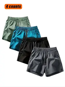 Men's Solid Color Zipper Pocket Shorts, Breathable Quick Drying Swim Shorts, Casual Comfy Shorts for Summer, Men's Bottoms for Outdoor Vacation Beach