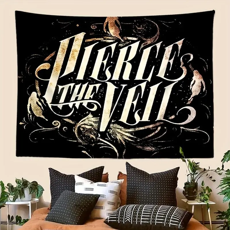 1pc Rectangular Pierce the Veil Music Album Cover Polyester Tapestry - Black with White-Golden Swirls, Bird Motifs - Modern No-Fuss Indoor Home Decor - Gift for Music Lovers