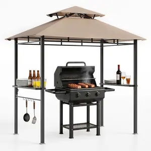 Home Outdoor 8x5 ft BBQ Grill Gazebo with Double Roof, Grill Shelter with 2 Side Shelves & Tool Hooks, Weather-Resistant Patio Shelter for Backyard Cooking