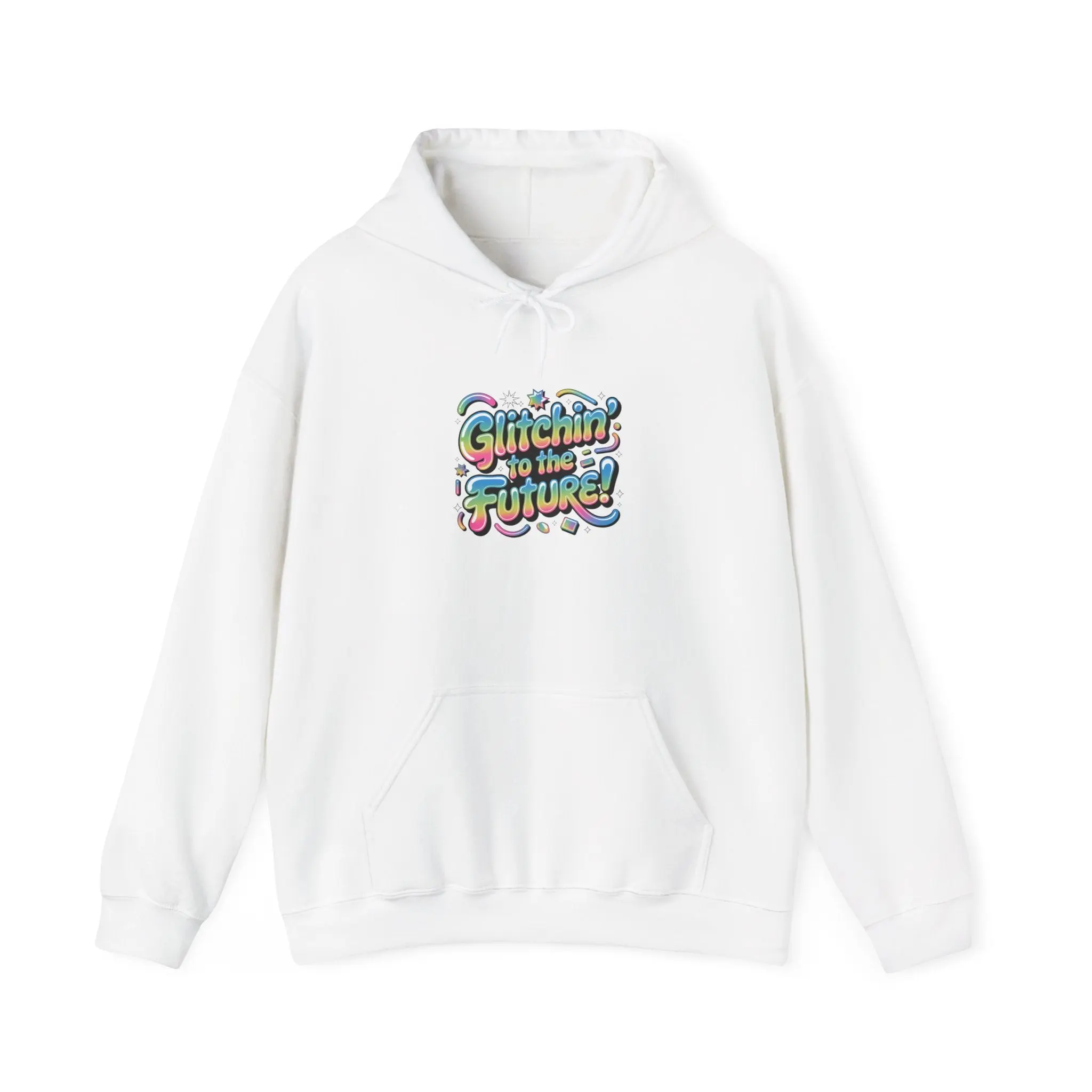 Glitchin' to the Future Hoodie | Y2K Cyber Holo, retro tech chrome text