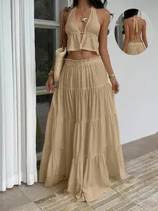 Yellow Linen Deep V-Neck Halter Backless Pleated Tank Top And Low Waist Multi-Layer Ruffle Hem Maxi Skirt 2-Piece Set, Elegant Sexy For Vacation, Beach, Party, Daily Wear, Date, Minimalist Design For Women Summer