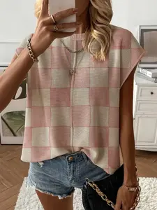 Summer Round Neck Short Sleeve Knit Top, Loose Fit Geometric Print, Casual Elegant Commuter, Bikini Cover-Up, Women's Fashion