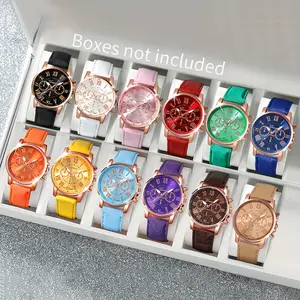 12pcs of elegant quartz watches, 12 colors, round zinc alloy case, PU leather strap, multiple colors available, button battery powered, suitable for teenagers