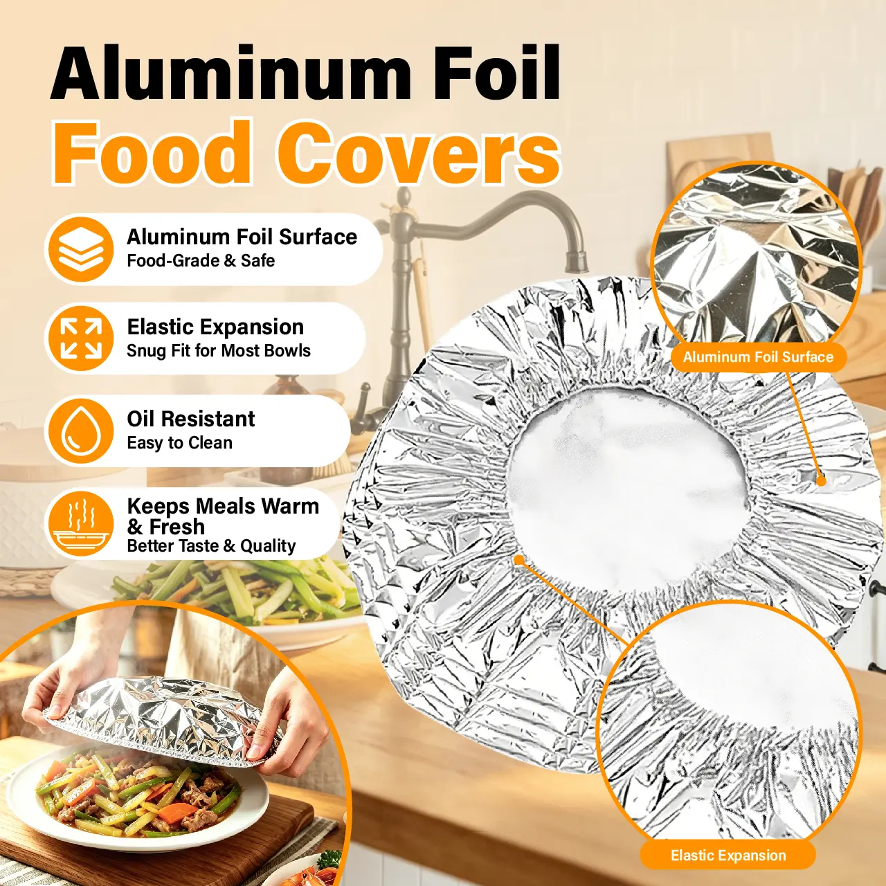 Reusable Stretchable Aluminum Foil Food Covers - Multi-Size Aluminum Foil Kits for Meal Prep, Warmth Hold, Kitchen Dish Insulation, Fits Plates, Bowls, Containers, Fits Bowls