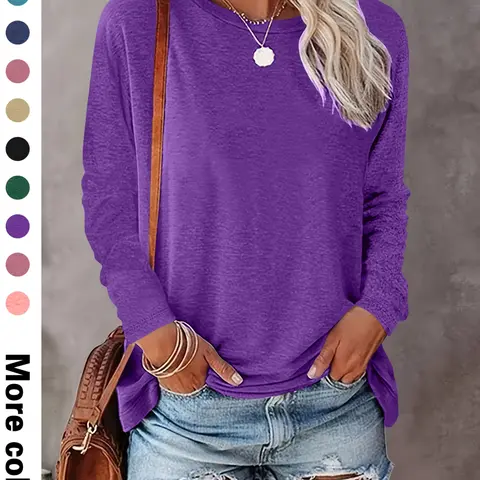 Women's Plain Drop Shoulder Long Sleeve Knit Tee, Casual Basic Crew Neck T-Shirt for Fall & Winter, Women's Top for Daily Wear