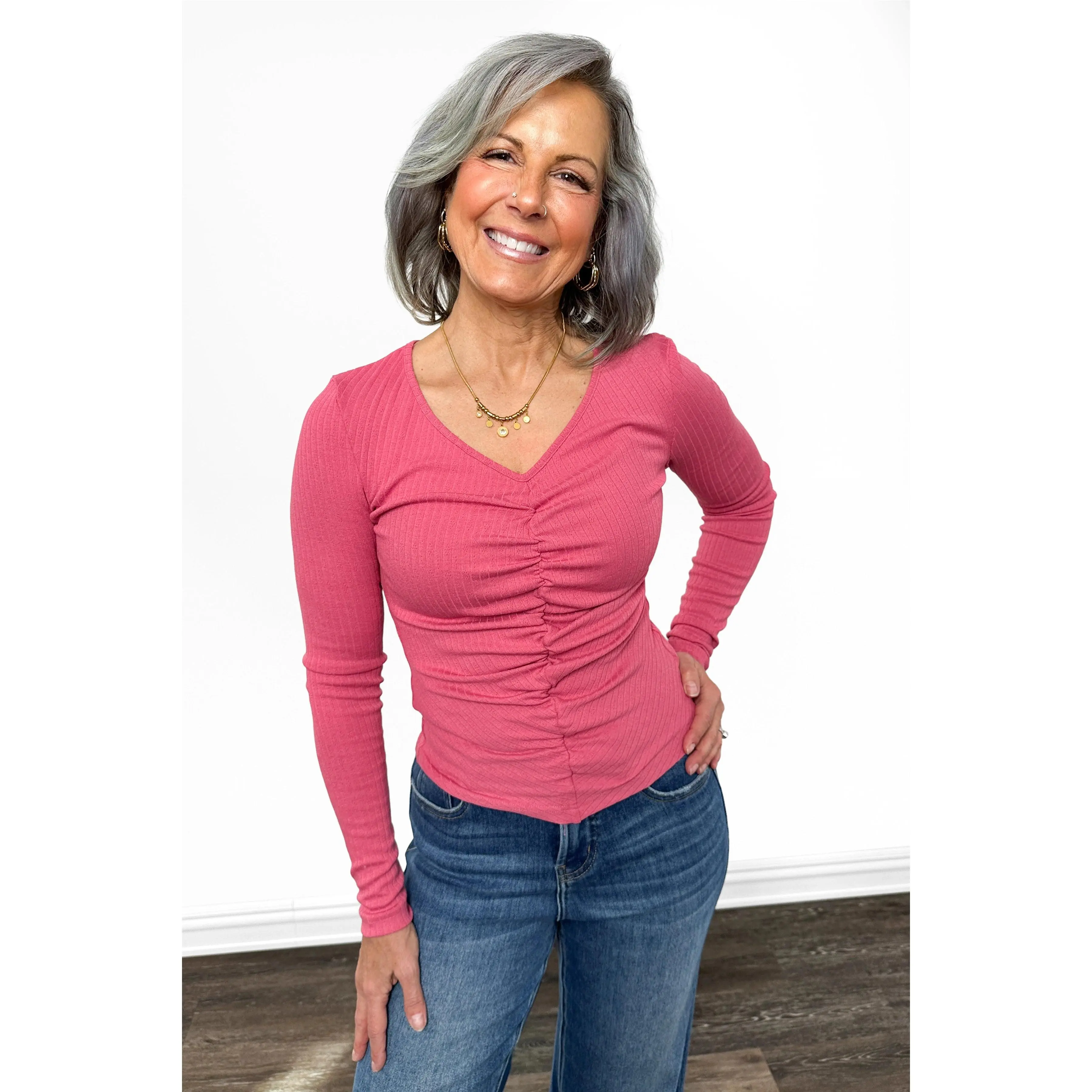 ALB Custom Women's Pointelle Ruched V-Neck Top *FINAL SALE*