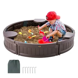 VEVOR Sandbox with Cover, 47.2x 9.1 in Round Sand Box, HDPE Sand Pit with 3 Corner Seating and Bottom Liner, Kids Sandbox for Outdoor Backyard, Beach, Park, Gift for Boys Girls Ages 3-12, Brown