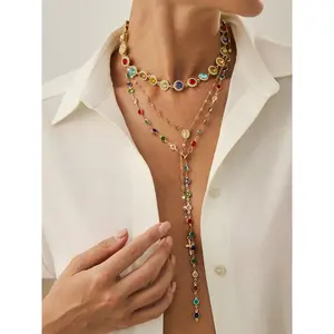 Women's Boho Style Alloy Chain Necklace Set, Colorful Crystal Pendant Jewelry for Women, Casual Daily Wear & Holiday Gift Ideas, Statement Necklace
